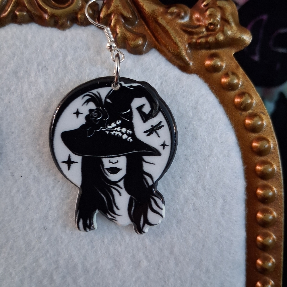 Witchy Woman Earrings Witch Hat Black & White French Hooks - Picture 5 of 11